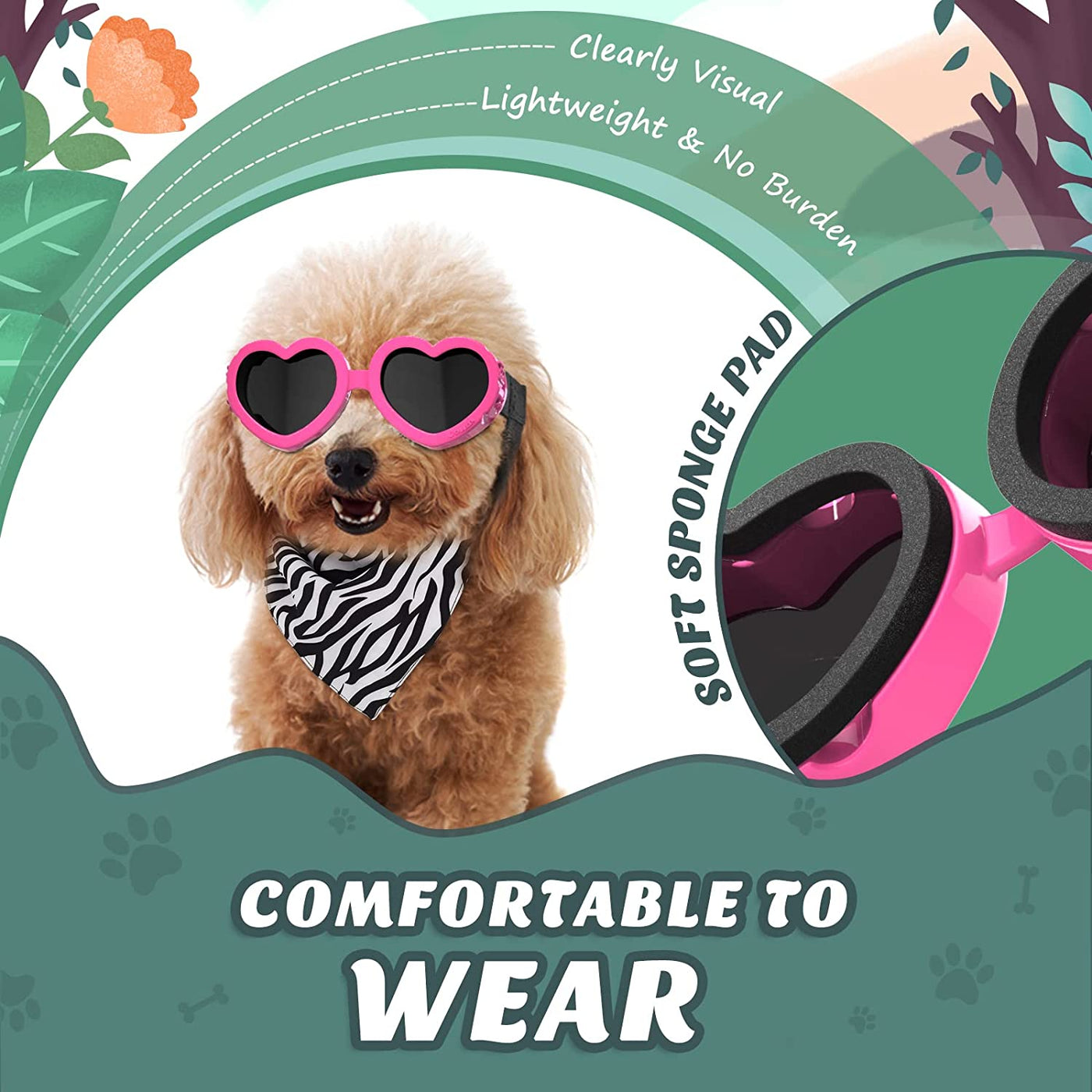 UV Protection Goggles Eye Wear Protection with Adjustable Strap Doggy Heart Shape Anti-Fog Sunglasses